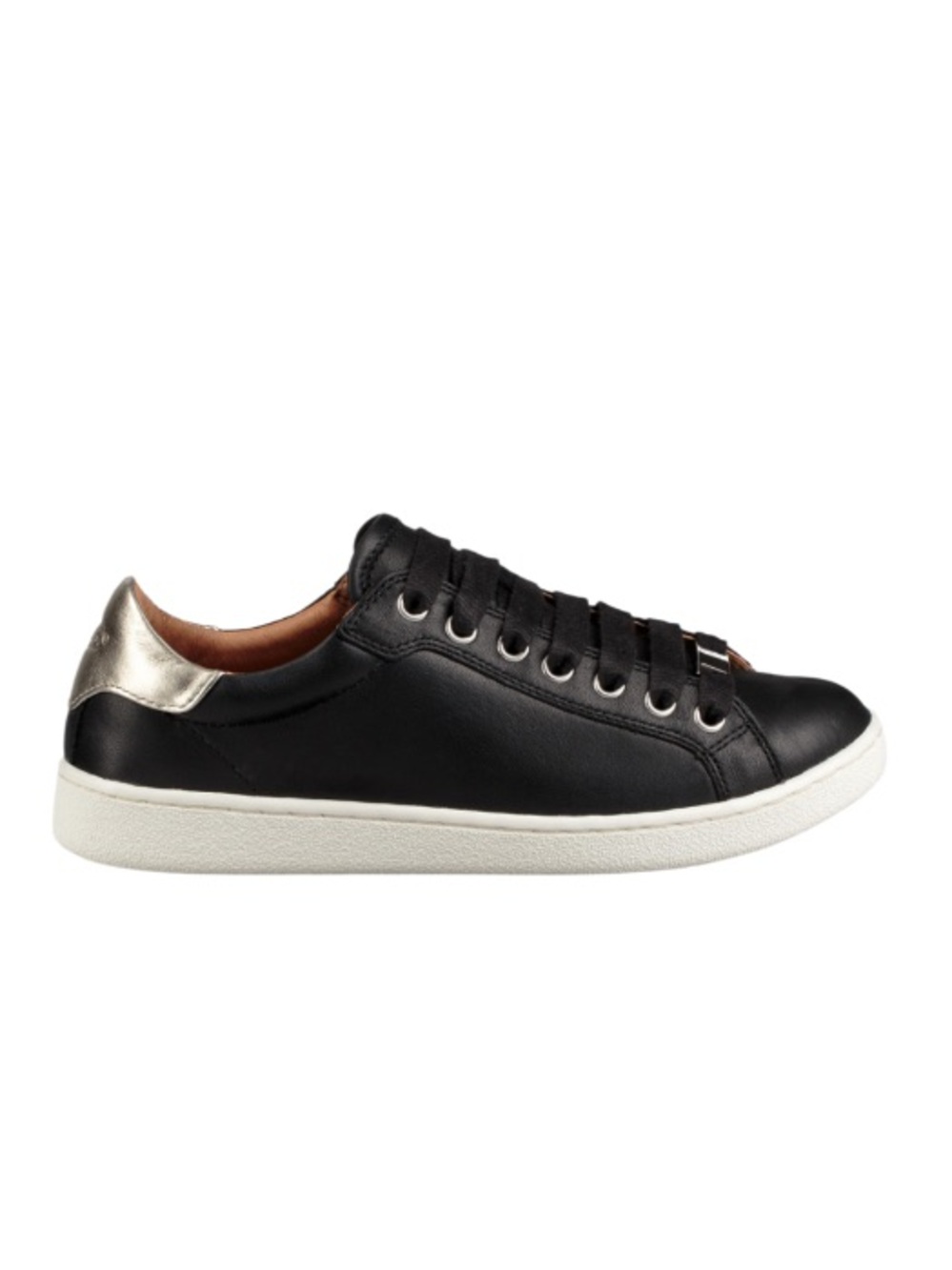 UGG Milo black leather sneakers with metallic gold heel accents size 8.5